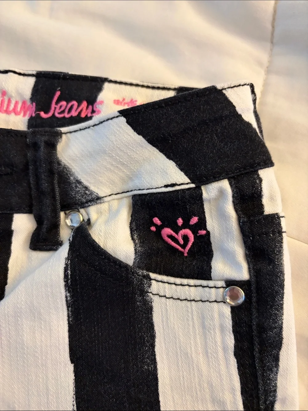 Justice Premium Black & White Striped Jeans with Pink Script Logo Size 12S